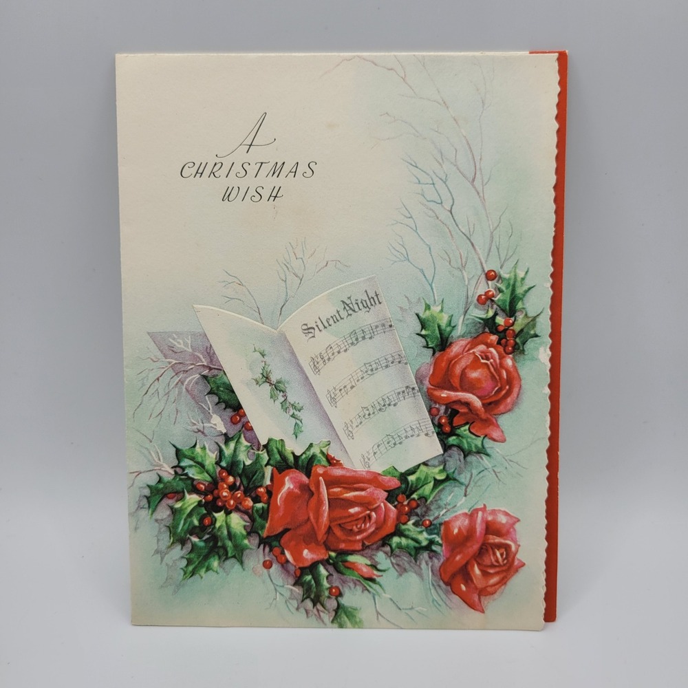 Vintage Christmas Card Roses Silent‎ Night Holiday Greeting Unused Signed